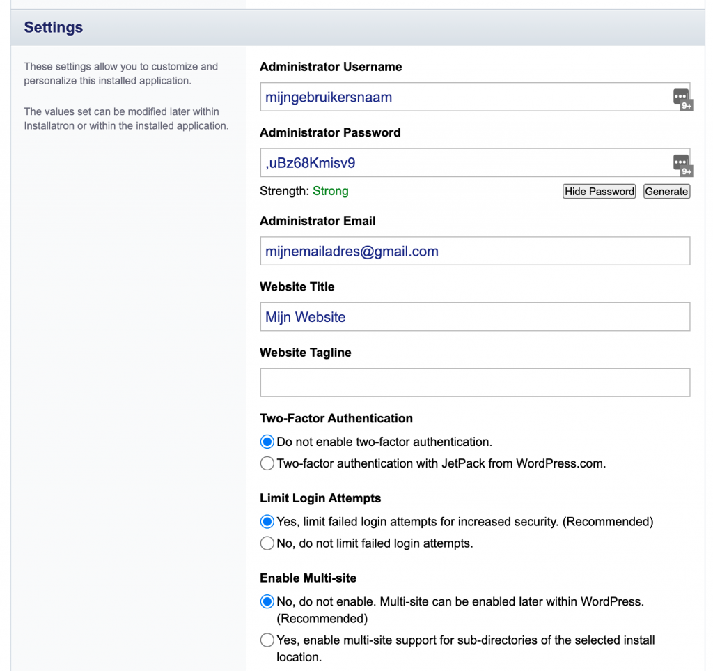 Installatron WordPress instellingen