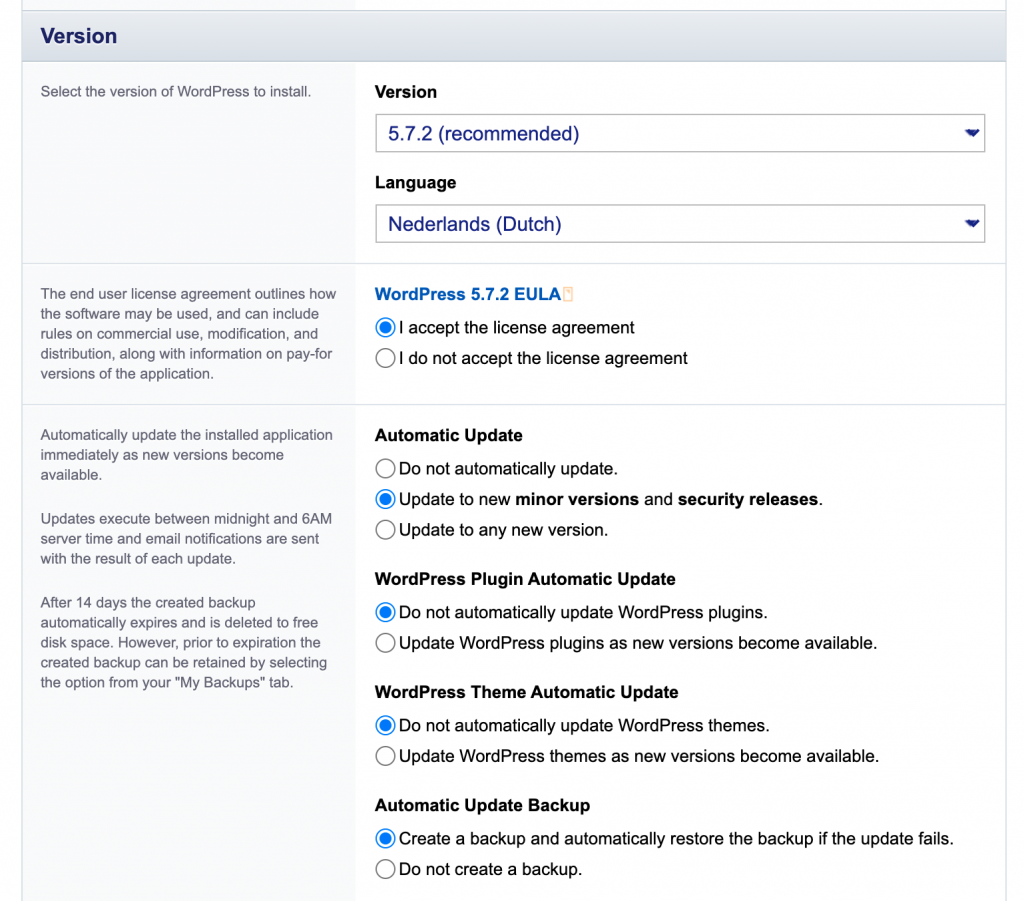 Installatron version en updates