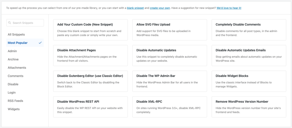 WPCode standaard code snippets