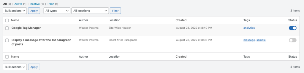 Overzicht van custom code snippets in de WPCode-plugin