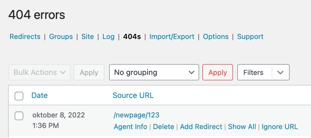 404 pagina's opsporen met Redirection