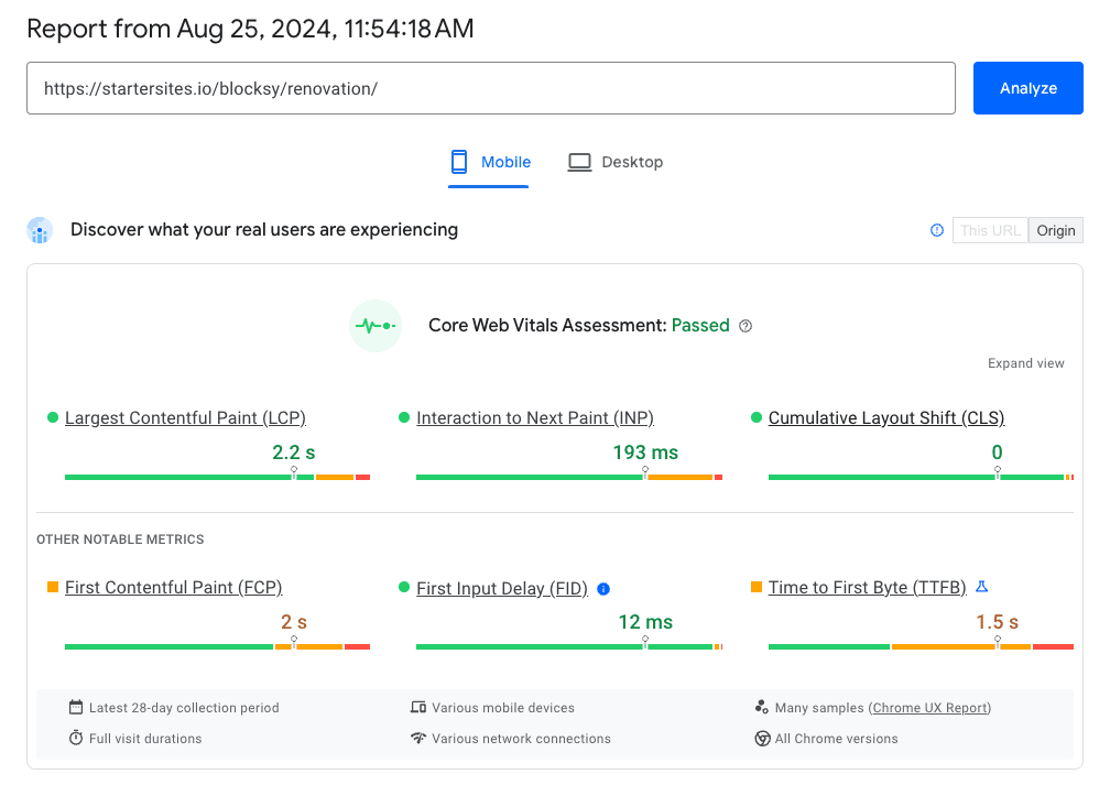 Blocksy Core Web Vitals