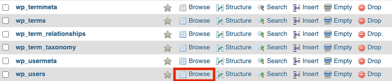 de wp_users tabel in je database